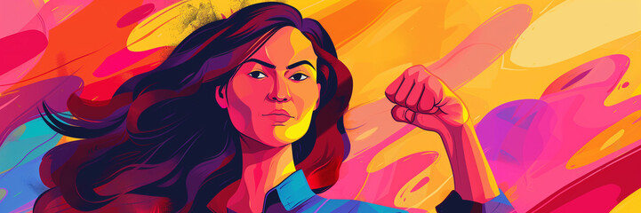 illustration, Confident Woman Fist Pump, Fighting Pose. Happy Women's Day, Women's Rights, Elimination of Violence Against Women, Feminism