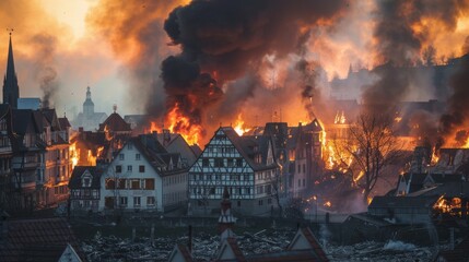 A European town devastated by a fire disaster - obrazy, fototapety, plakaty