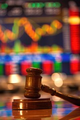 A gavel on the table, stock market background