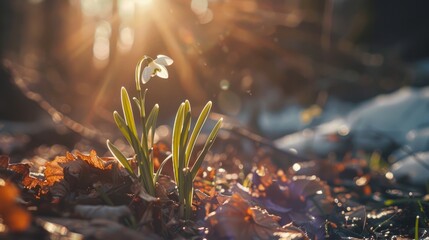 The garden adorned with the first spring flowers, snowdrops, basking in sunlight - obrazy, fototapety, plakaty