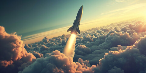 rocket flying above cloud - obrazy, fototapety, plakaty