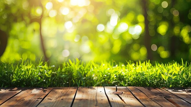 Fresh spring green grass with sunlight and a wooden floor, creating a beautiful natural background with green bokeh.