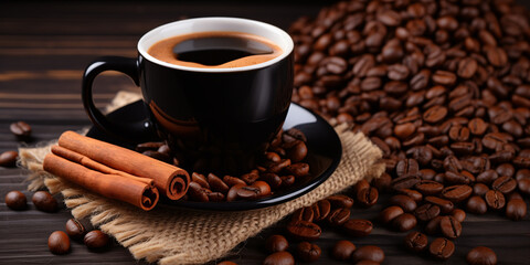 Coffee background, black cup of coffee, grains, cinnamon