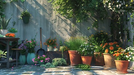 Gardening tools and flowers arranged on a terrace within the garden - obrazy, fototapety, plakaty