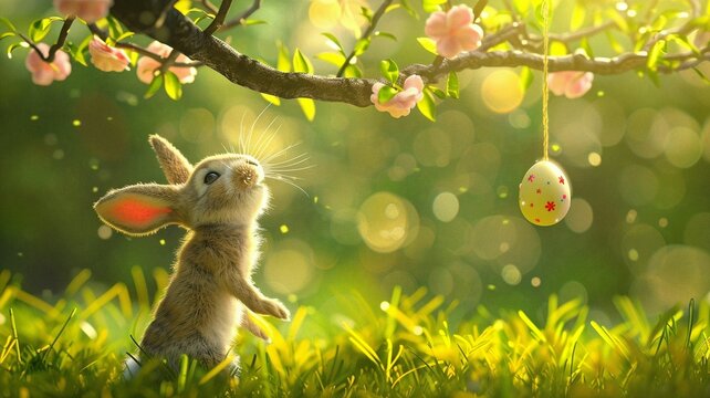 easter bunny with eggs. Easter concept. Lifestyle image. Sunny flower branch background, bokeh effect. For design, celebration, card, banner, poster