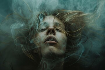 A haunting portrait of a woman whose inner turmoil is manifested through swirling tendrils of smoke emanating from her face - obrazy, fototapety, plakaty