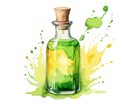 Yellow and green isolated magic potion bottle. Hand drawn watercolor alchemy. Occultism and witchcraft drink. Love elixir chemistry. Aura testing 

