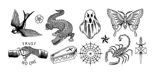 Old school Tattoo stickers set. Swallow and crocodile, handshake and snake. Ghost and butterfly, scorpion and dagger. Engraved hand drawn vintage retro sketch for notebook or logo. - obrazy, fototapety, plakaty