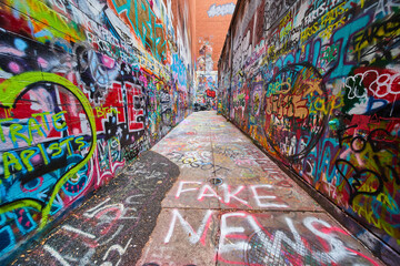 Vibrant Graffiti Alley with FAKE NEWS Urban Art, Wide-Angle View