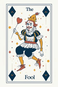 Simple Flat Illustration of a Joker tarot card. Playful cards style. For 1 April fool's day.