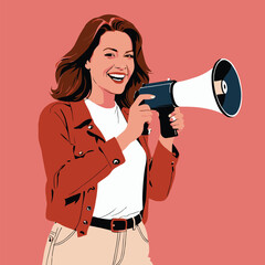 Woman holding megaphone shouting out communication message, vector clipart illustration