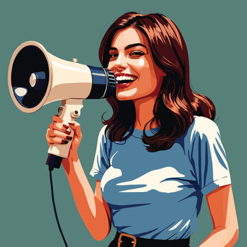 Woman holding megaphone shouting out communication message, vector clipart illustration