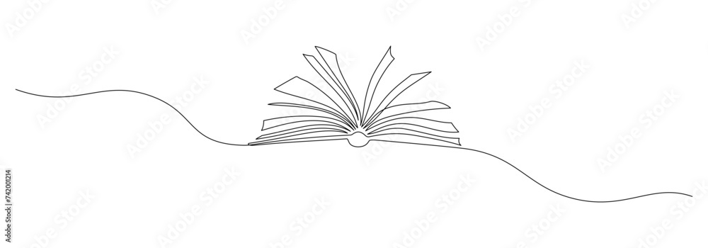 Leinwandbilder One continuous line drawing of Opened book with pages. Education in school and library studying in simple linear style. Writing draft business in Editable stroke. Doodle outline vector illustration