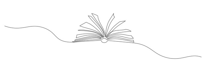 One continuous line drawing of Opened book with pages. Education in school and library studying in simple linear style. Writing draft business in Editable stroke. Doodle outline vector illustration