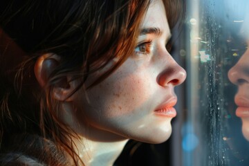 A pensive woman gazes out the window, her brown hair framing her face as her full lips part slightly and her long eyelashes flutter against her skin, lost in thought and emotion
