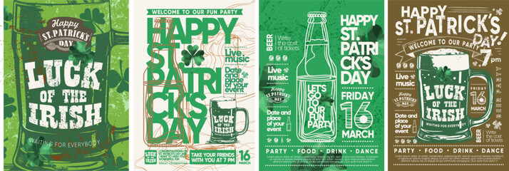 Happy Saint Patrick's Day! Vector illustration of beer, mug, Irish green ale, shamrock, logo, beer bottle hand drawn with chalk on blackboard for poster, flyer or background