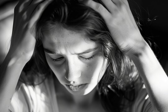 A somber art model captures the pain of a woman's inner turmoil through a monochrome portrait, emphasizing the fragility of the human face and the delicate beauty of her eyelashes