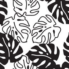 Monstera leaves decorative seamless vector pattern for textile design, fabric print, digital or wrapping paper, wallpaper, background and backdrop, decoration. Tropical summer holiday theme.