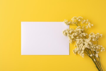 Blank white envelope with baby's breath flowers on a sunny yellow background.