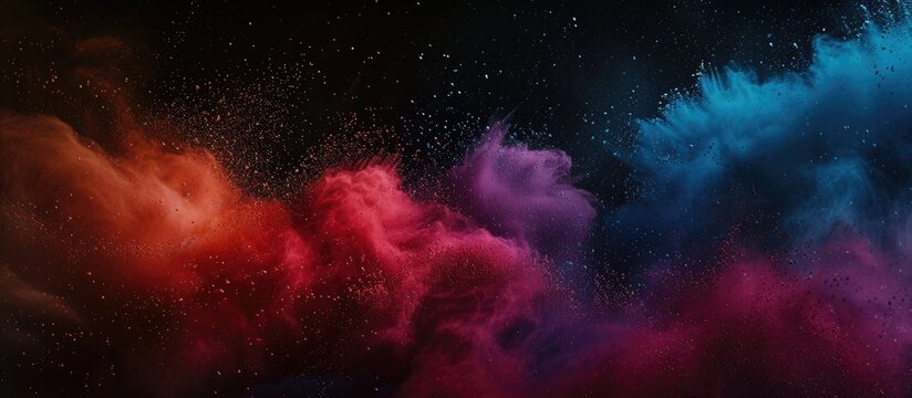 A group of vibrant clouds of powder in various colors resting on a stark black background. The powders appear to be suspended in mid-air, creating a striking and colorful contrast against the dark