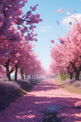 pink blossoming tree path 
