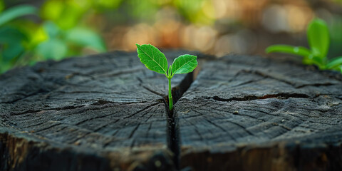 A strong seedling growing in the center trunk - obrazy, fototapety, plakaty