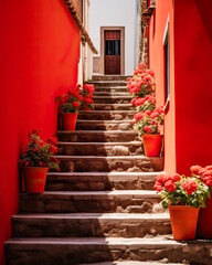 Fototapeta na wymiar Picturesque town, steep red stairs, green plants, lively atmosphere.
