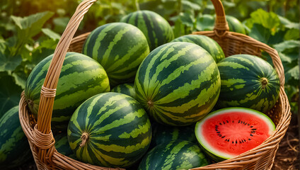 Ripe watermelons in a basket in the field environment - obrazy, fototapety, plakaty