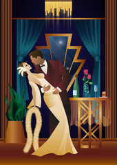 Man and woman dancing on the background of a window and lanterns, party, art deco, couple in retro style