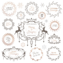 Winter Vintage Wreath, Christmas Calligraphic typography, New year labels, badges Design Elements