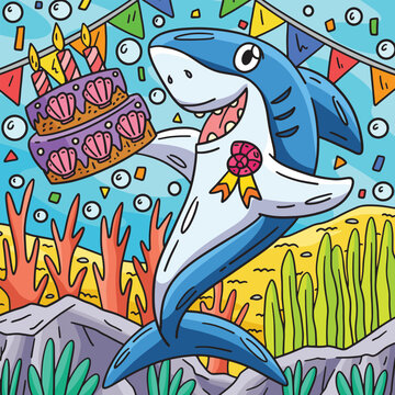 Shark with Birthday Cake Colored Cartoon 