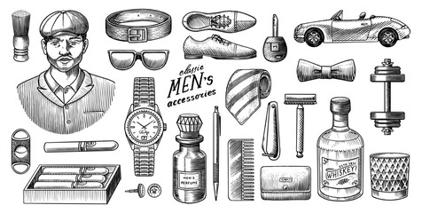 A Man Surrounded By Men 's Accessories. Gentleman, hipster or businessman, victorian era. watches and cigars, whiskey and clothes, razor and perfume, boots and glasses. Engraved hand drawn vintage. 