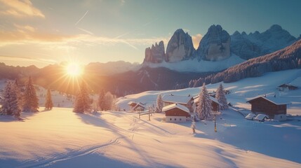 Panoramic morning view of Alpe di Siusi village. Majestic winter sunrise in Dolomite Alps. Superb...