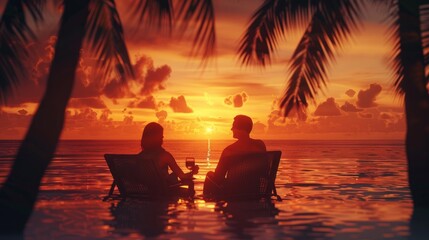 Back view of a romantic couple enjoying beautiful sunset at tropical vacation - obrazy, fototapety, plakaty