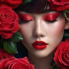 foto mujer, estética, maquillaje rojo