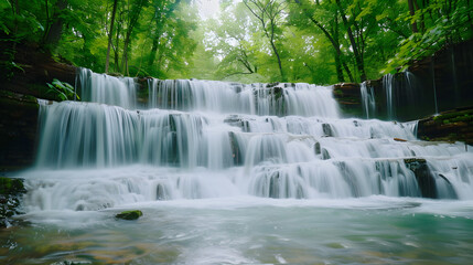 Obraz premium A waterfall with silky smooth water. The waterfall large, The water clear, The scene surrounded by trees, The waterfall in the foreground with the water in the background.