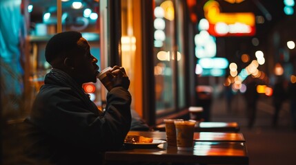 photo african american man eating late at night - obrazy, fototapety, plakaty