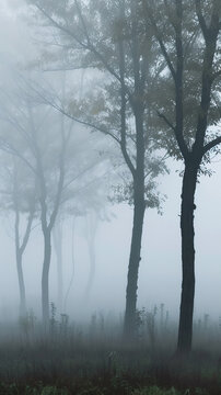 A foggy forest with trees fading into the mist Calmness atmospheric photo footage for TikTok, Instagram, Reels, Shorts