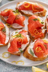 Smoked salmon crostini with cream cheese, dill and lemon zest