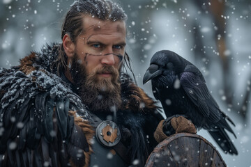 Viking Man in Woods in the Winter with Raven