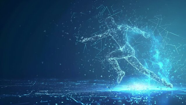 Illustration of a human being formed from grains dissipating energy power, ball kicking action; is perfect for background projects; sports, fitness, energy, 4k virtual video animation.