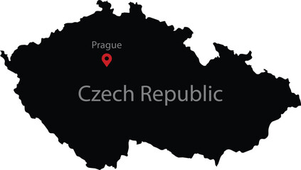 Black Map of Czech Republic with location marker of the capital and inscription of the name of the country and the capital inside map