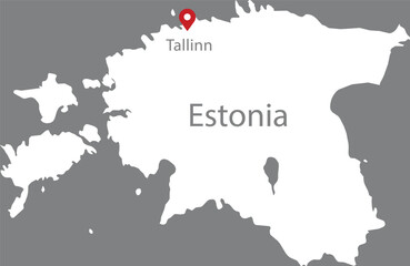 White Map of Estonia with location marker of the capital and inscription of the name of the country and the capital inside map on gray background