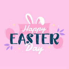 Happy Easter Day square template with lettering. Hand-drawn cute and colorful greeting card with bunny ears and decorative elements. Vector illustration. - obrazy, fototapety, plakaty