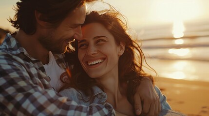 Photo of romantic beautiful couple in casual clothes hugging and smiling at each other while resting on sunny beach - Powered by Adobe