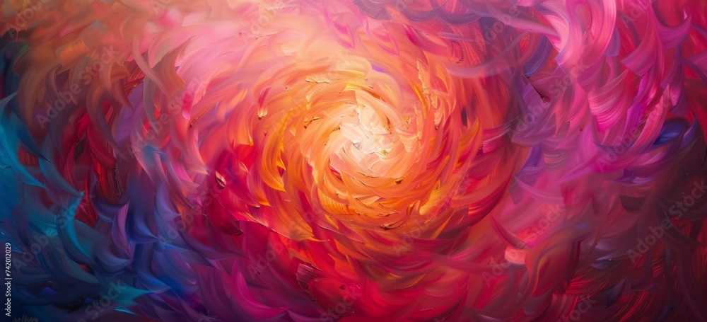 Poster a painting with colorful brushes and a light red and dark magenta background generative ai