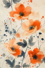 Abstract Expressionist Inspired Wallpaper Featuring Bold Watercolor Strokes and Ink Splatters in a Sunset Color Palette with Soft Blooms