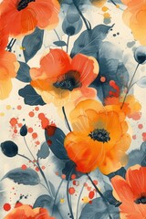 Harmonious Sunset Palette Wallpaper: Bold Abstract Expressionist Watercolor Strokes with Ink Splatters and Delicate Blooms