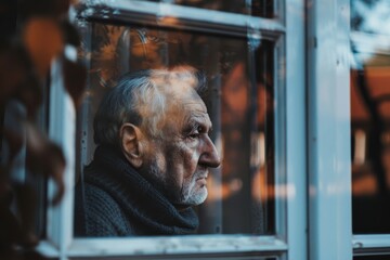 A weary man gazes out his window, his wrinkled face reflecting the bustling street below, longing for a human connection in the lonely outdoor world