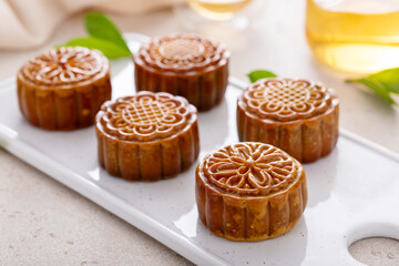 Traditional mooncakes for a Chinese Mid-Autumn Festival or Moon festival